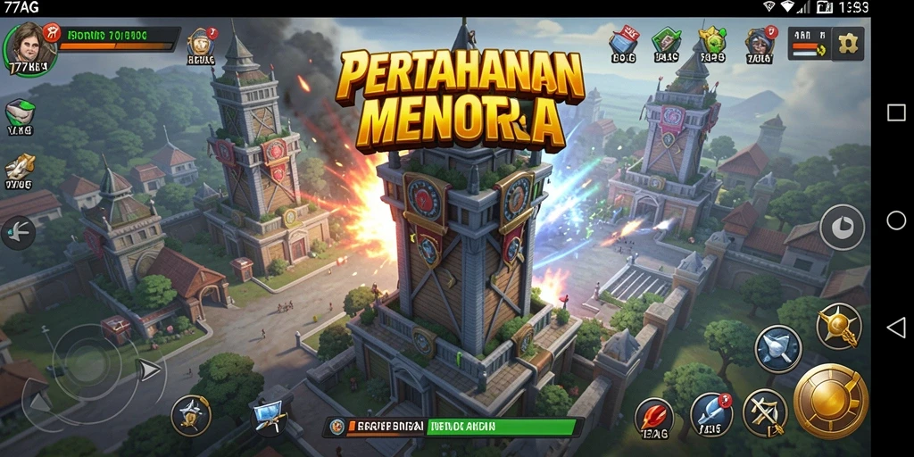 Tampilan gameplay seru dari 77AG, menampilkan menara dan musuh dalam pertempuran.