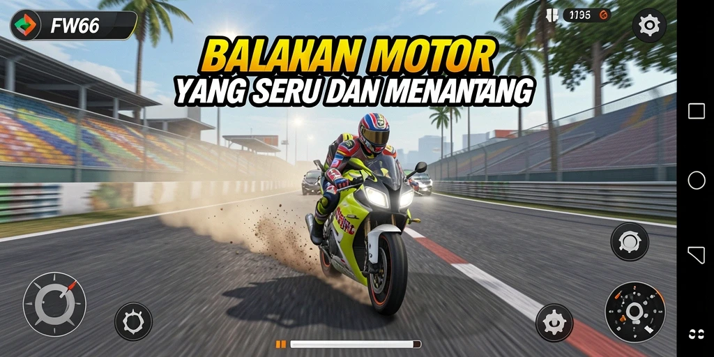 Screenshot gameplay FW66 menampilkan aksi balapan motor yang mendebarkan.