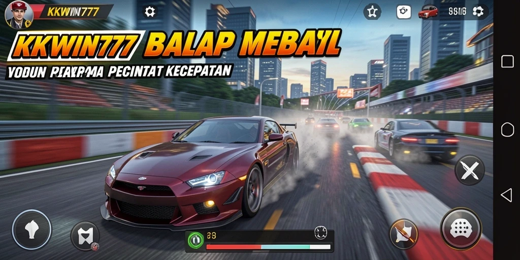 Screenshot gameplay KKWIN777 menampilkan balapan mobil yang mendebarkan dan penuh aksi.