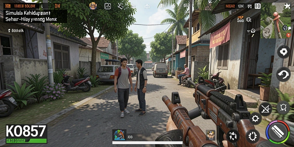 Tampilan gameplay KO857 yang menampilkan kehidupan virtual yang dinamis.