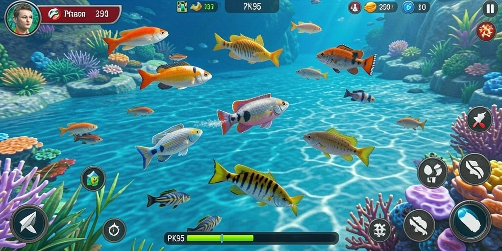 Screenshot gameplay PK95 menunjukkan aksi seru menembak ikan di bawah laut.