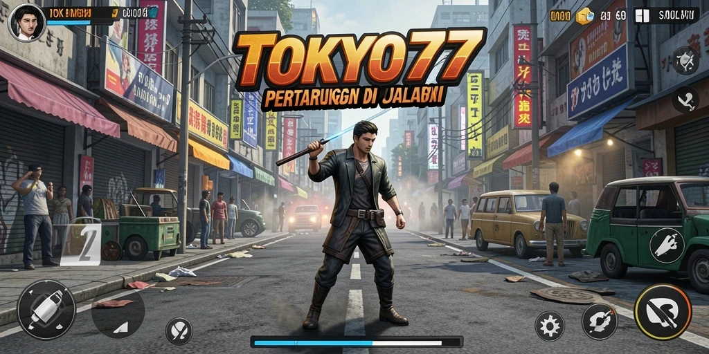 Screenshot gameplay TOKYO77 menampilkan pertarungan yang mendebarkan.